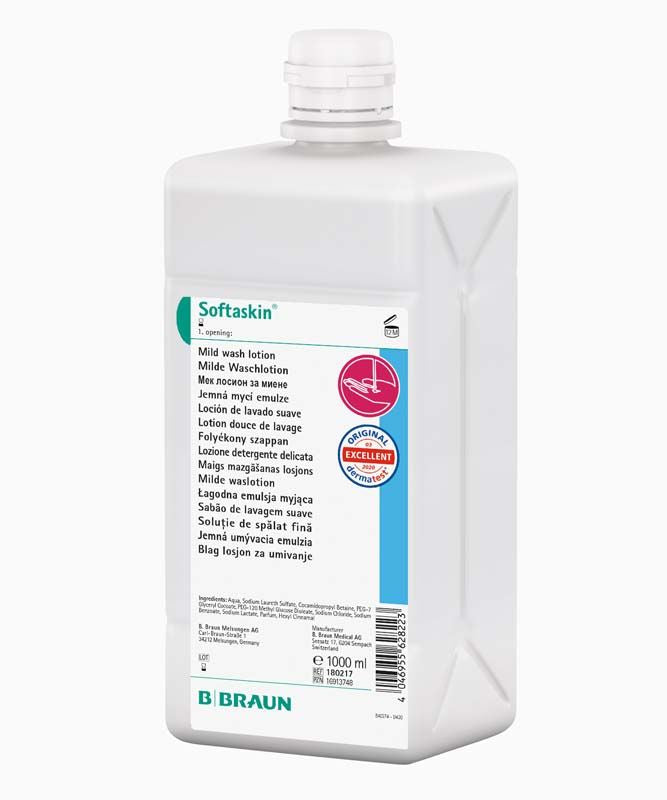 Softaskin® Faltflasche 1l mit Etikett und Produktdetails.