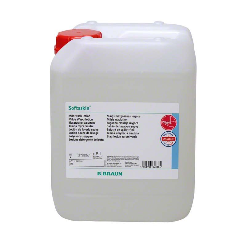 Weißer Kanister Softaskin® 5l mit rotem Deckel und Etikett.