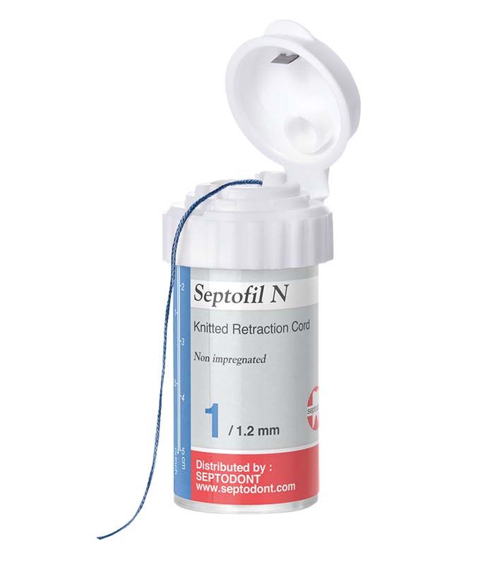 Septofil N 01 D1,2mm royalblauer gestrickter Baumwollfaden im Spenderbehälter.