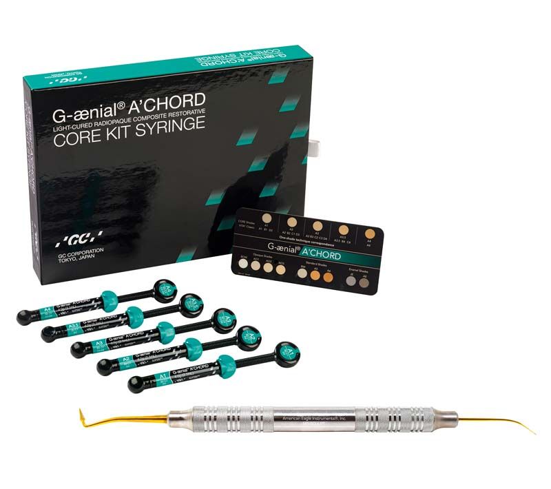 G-aenial™ ACHORD CORE Spritze und Handinstrument mit Verpackung auf weißem Hintergrund.