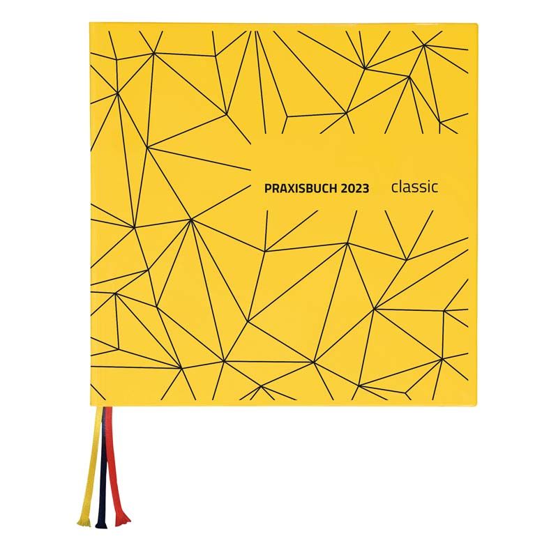 Praxisbuch Classic 2023 mit gelbem geometrischem Einband und Lesezeichen.