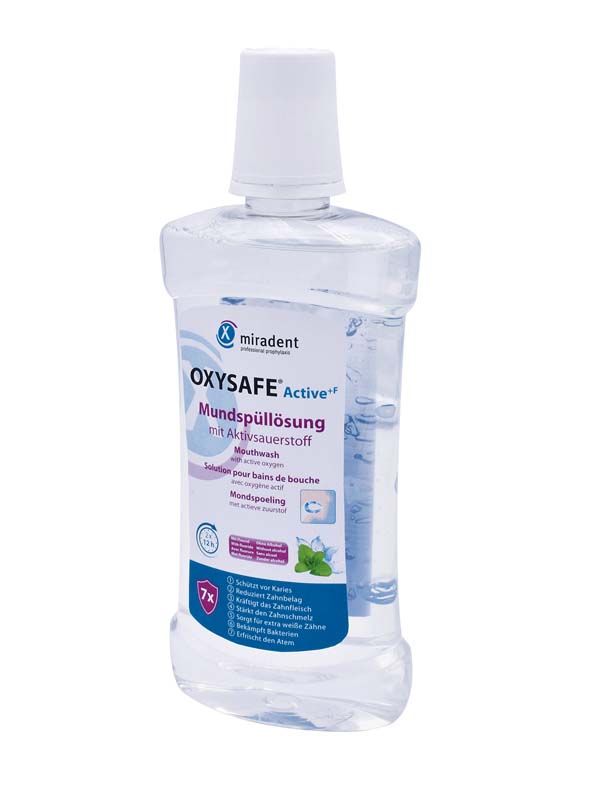 Oxysafe® Active +F Mundspüllösung 500ml Flasche mit Aktivsauerstoff.