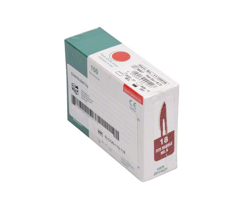 Skalpellklingen Nr. 18 in Verpackung mit rotem Etikett und CE-Kennzeichnung.