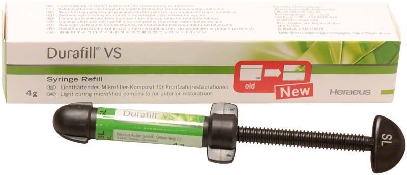 Nachfüllspritze Durafill VS für Frontzahnrestaurationen mit Verpackung.
