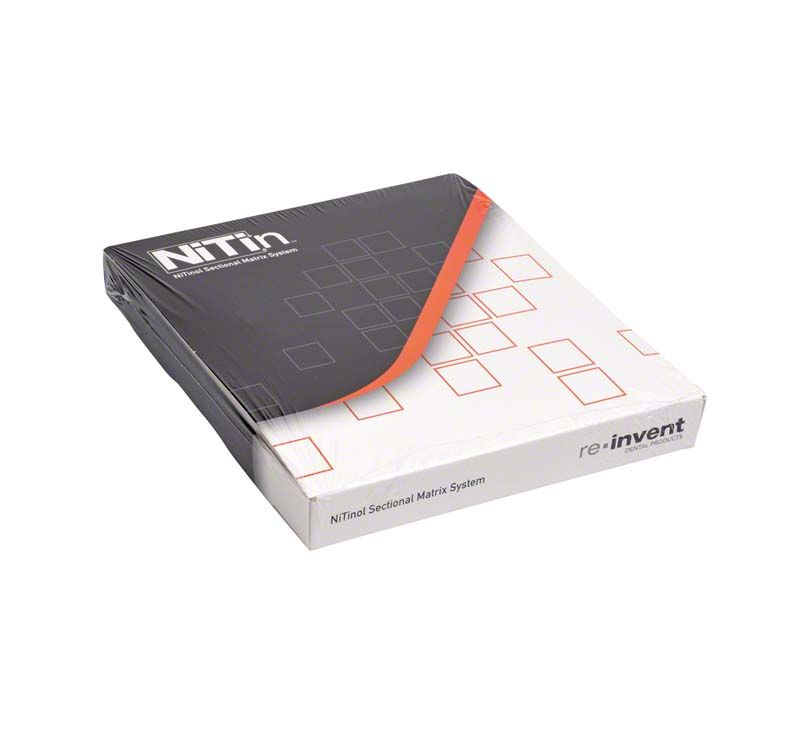 NiTin™ Teilmatrizensystem Mini Kit Verpackung mit schwarzen und orangefarbenen geometrischen Mustern.