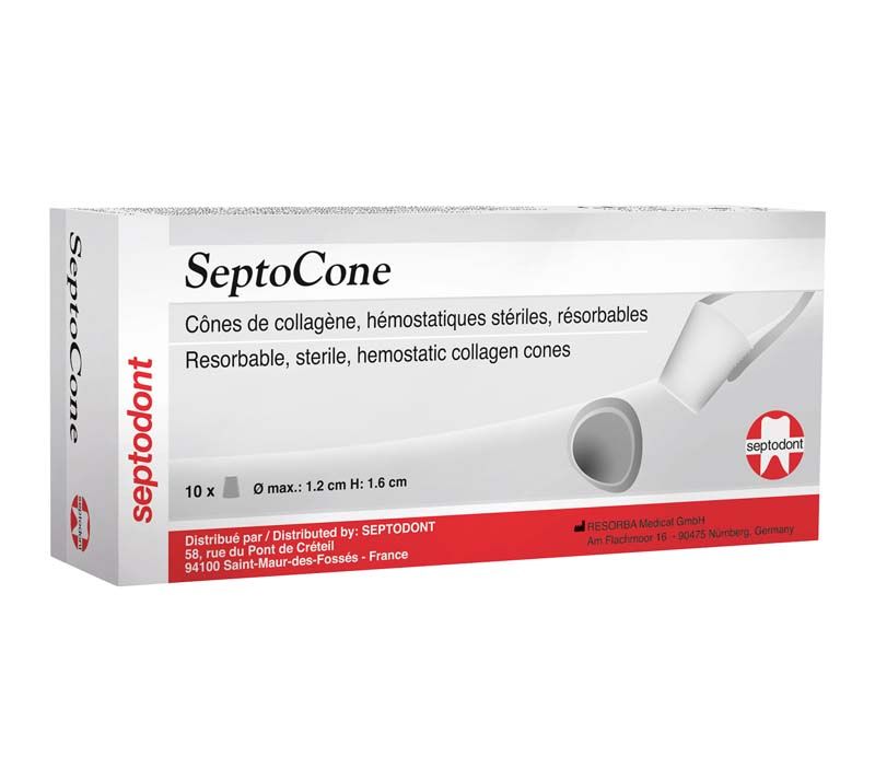 SeptoCone Kollagenkegel in Originalverpackung mit Produktinformationen und Herstellerlogo.