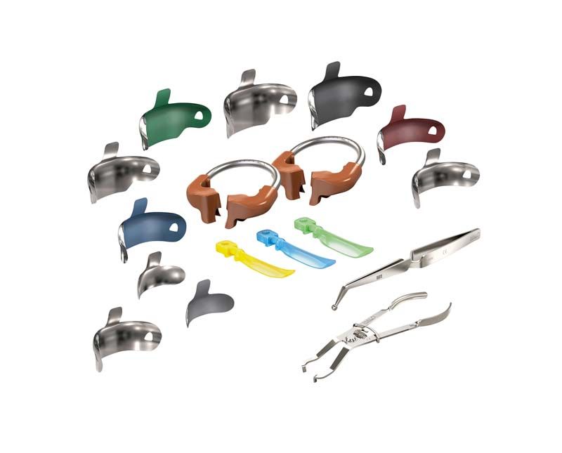 Matrizensystem Kit mit Teflonbeschichtung, bestehend aus metallischen Bändern und Instrumenten.