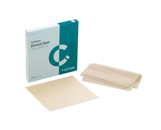 HySolate Latex Dental Dam, 152x152mm, mit Verpackung und Produktansicht.