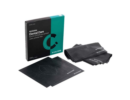 HySolate Dental Dam, dunkel gedruckt, extra-stark, neben Verpackung.
