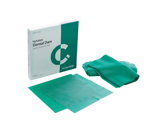 HySolate Latex Dental Dam grün dünn, Verpackung und ausgelegtes Produkt.