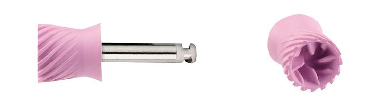 Kurzer rosa Polierkelch mit Außenrillen und LatchType-Steckverbindung.