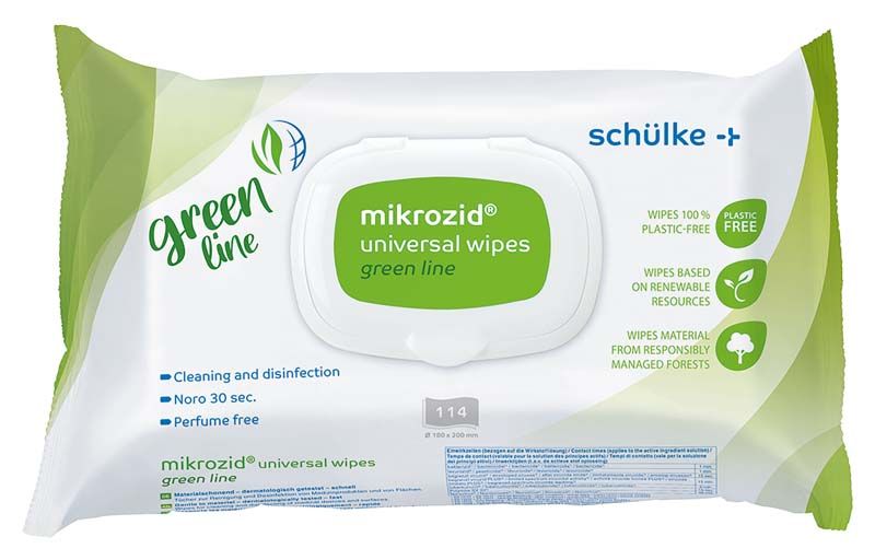 Mikrozid® universal wipes green line Packung mit grünem Design und Schülke-Logo.
