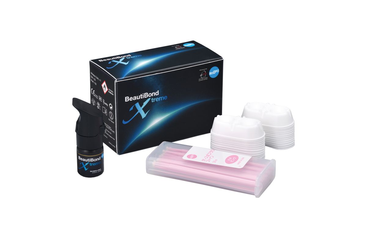 BeautiBond Xtreme Set mit Flasche, Applikationsspitzen und Verpackung.