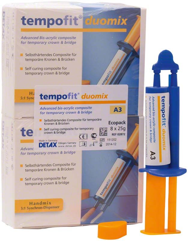 Selbsthärtendes Composit für temporäre Kronen, 8 x 25g Spritzen im Karton.