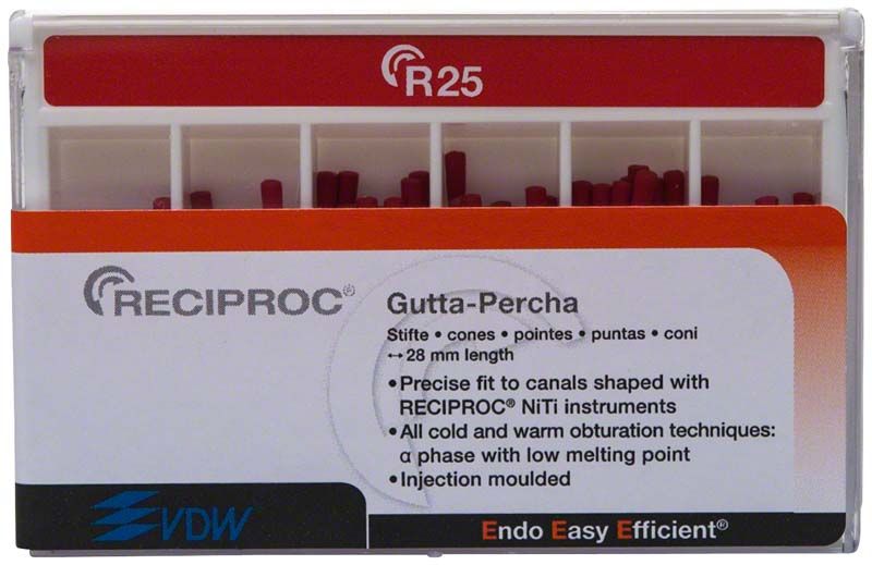 RECIPROC® Guttapercha-Stifte Gr. R25 in rotem Farbton in Verpackung.