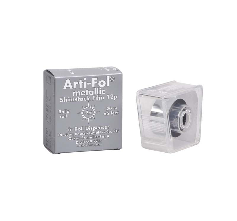 Arti-Fol® metallic 12µ Okklusionsfolie im transparenten Spender, 20m Länge.