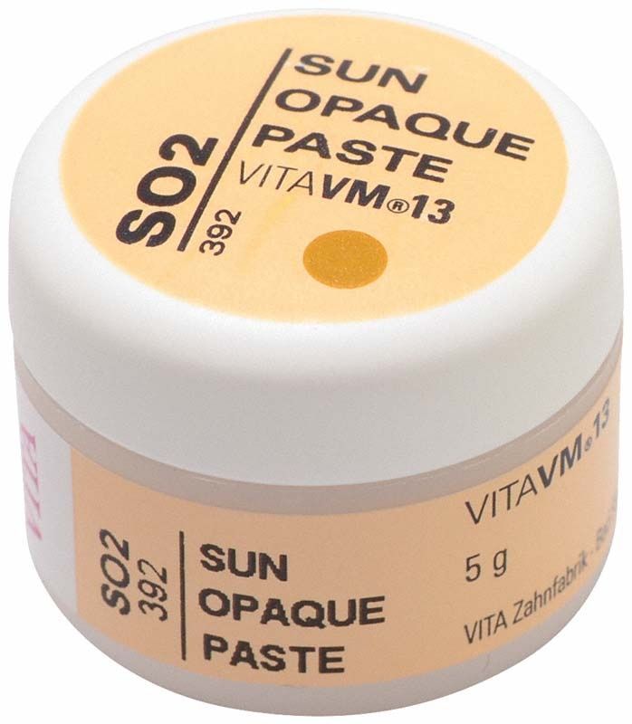 Weiße Dose mit Aufschrift "SUN OPAQUE PASTE SO2 VITA VM13".