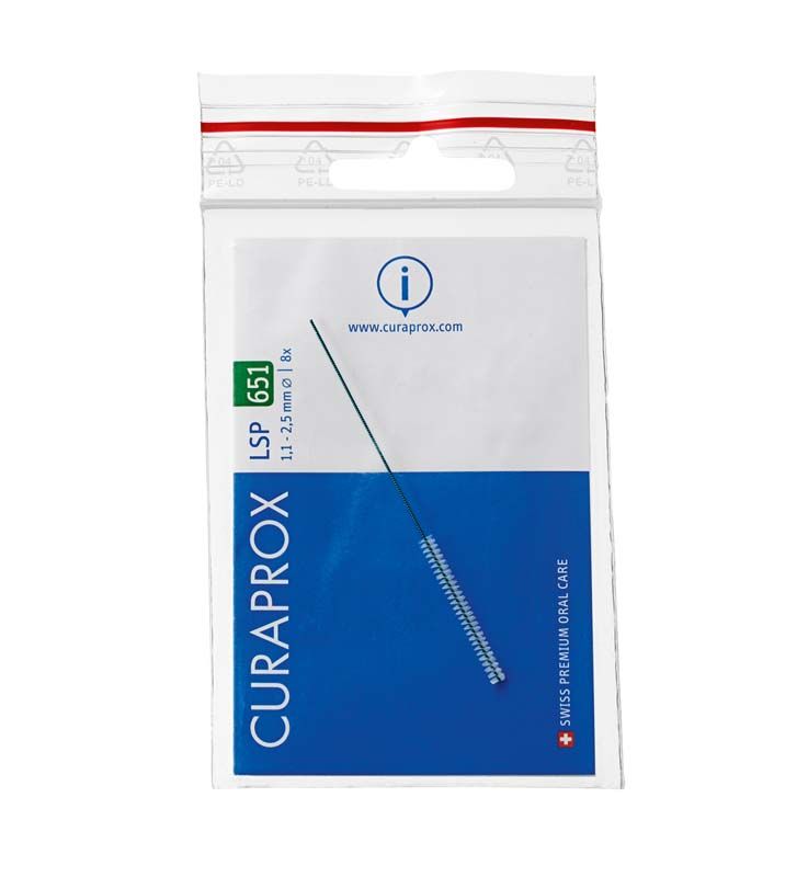 Verpackung der CURAPROX Interdentalbürsten xx-fein mit sichtbarem Bürstchen und Website-Informationen.