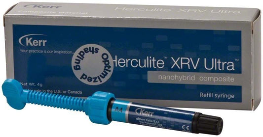 Herculite XRV Ultra Enamel Spritze A4 mit Verpackung im Hintergrund