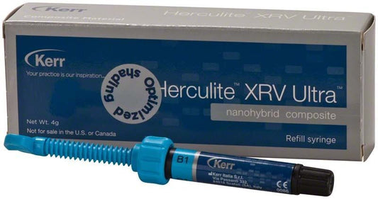 Herculite XRV Ultra Enamel Spritze B1 vor Verpackung mit Produktinformationen