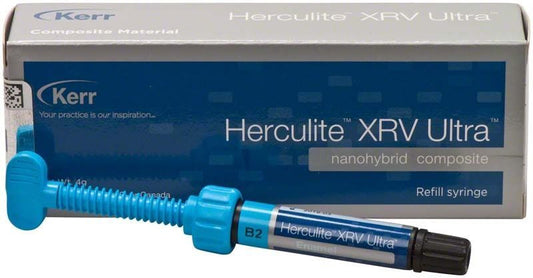 Herculite XRV Ultra Enamel Spritze B2 vor Produktverpackung.