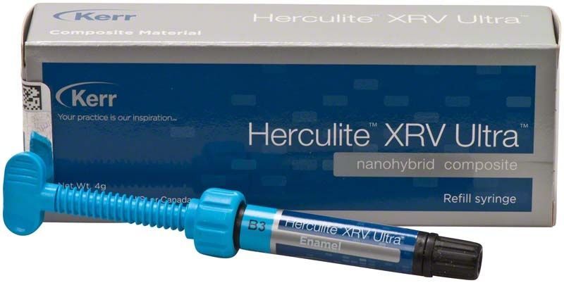 Herculite XRV Ultra Enamel Spritze B3 vor Verpackung auf weißem Hintergrund.