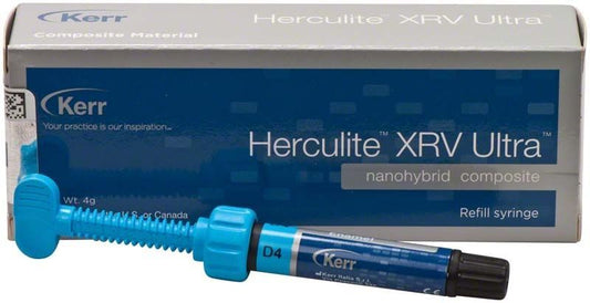 Herculite XRV Ultra D4 Spritze vor Verpackung mit Produktname und Logo.