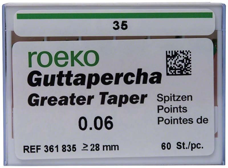 ROEKO Greater Taper Guttapercha-Spitzen 6% Gr. 035 in Verpackung.