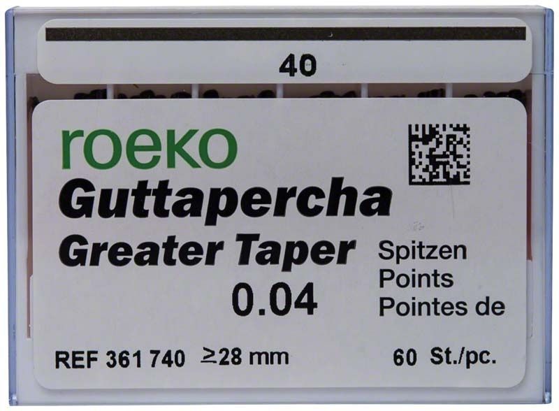 ROEKO Greater Taper Guttapercha-Spitzen 4% Gr. 040 in Verpackung.