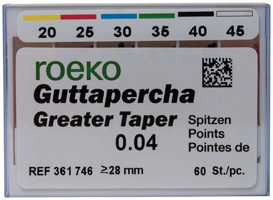 Image of ROEKO Greater Taper Guttapercha-Spitzen 4% Gr. 020-045 gelb-weiß