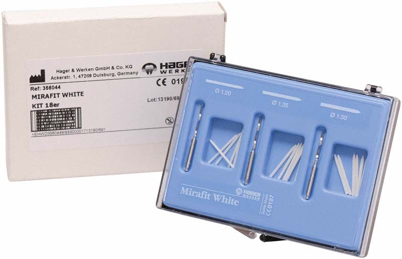 Mirafit® White Kit mit Glasfaser-Wurzelaufbaustiften in blauer Verpackung.