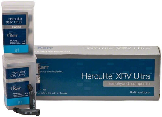 Herculite XRV Ultra Enamel Unidose B1 Verpackung mit Produktprobe.