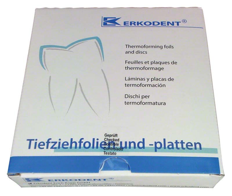 Verpackung der Erkodent Tiefziehfolien und -platten in Weiß und Blau.