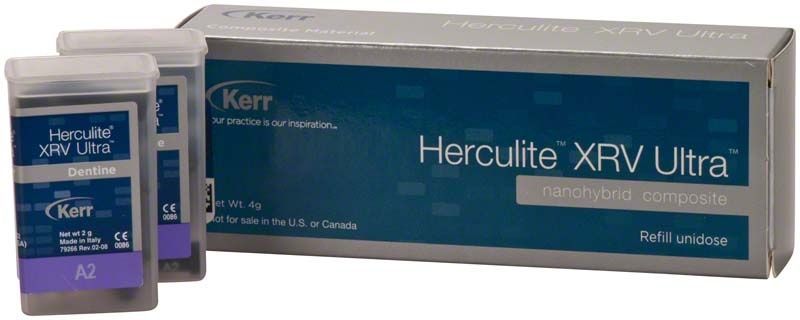 Herculite XRV Ultra Dentin Unidose A2 Verpackung mit zwei Einzelapplikatoren.