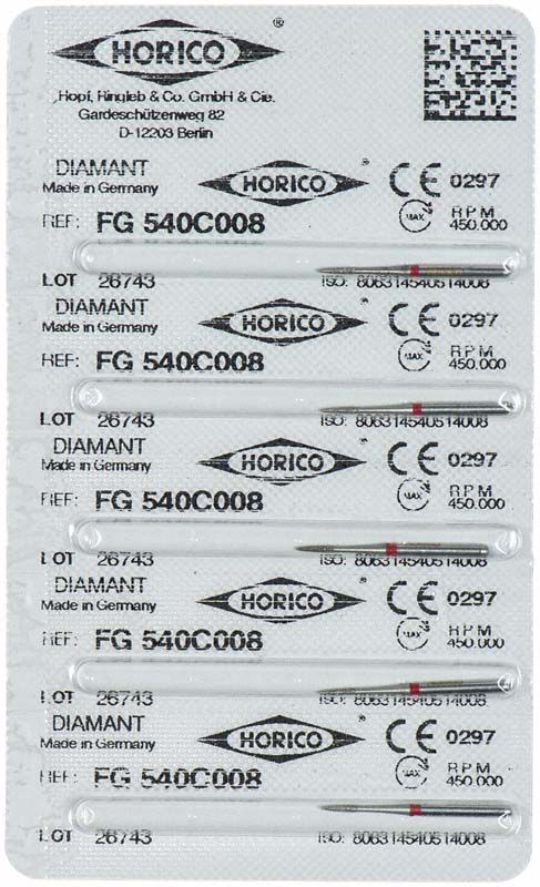 Blisterpackung mit sechs Diamant-FG-540C-008-Schleifkörpern von Horico.