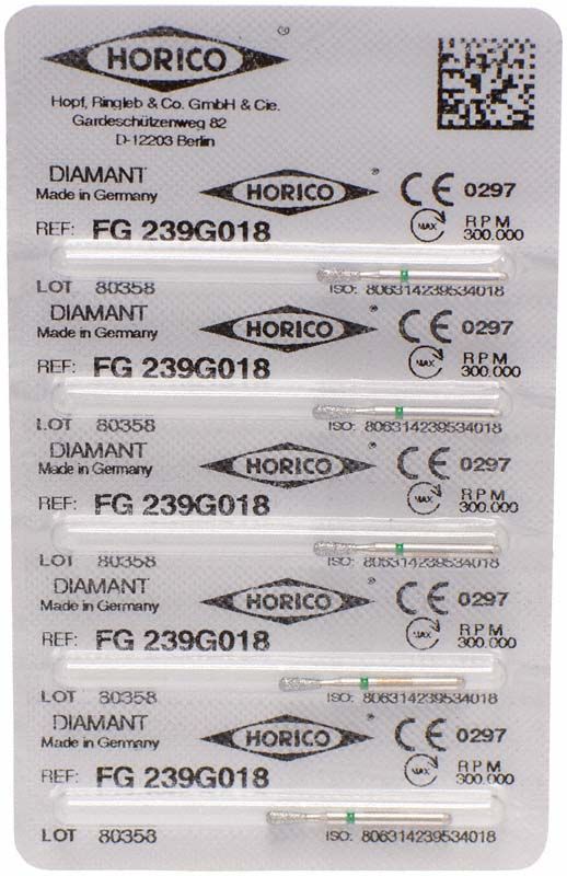 Verpackung von Diamant FG 239G 018 mit fünf Zahnarztbohrern.