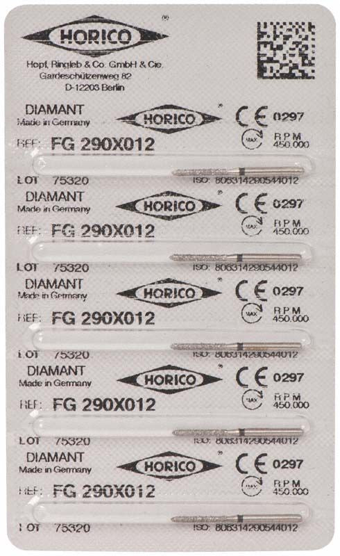 Verpackung von Diamant FG 290X 012 Schleifinstrumenten mit Herstellerinformationen.