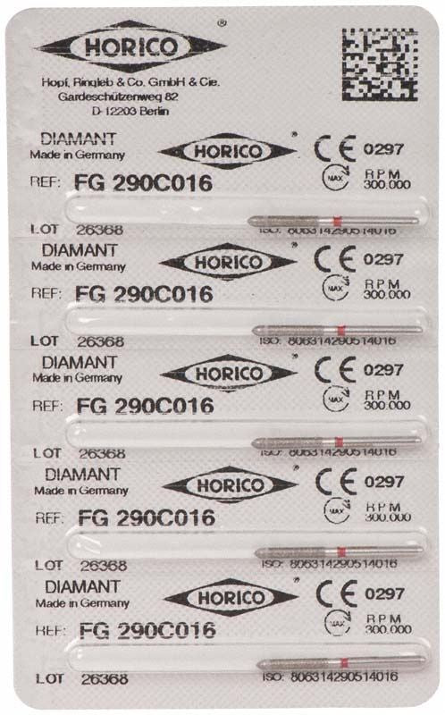Verpackung von Diamant FG 290C 016 Schleifinstrumenten, steril und CE-gekennzeichnet.