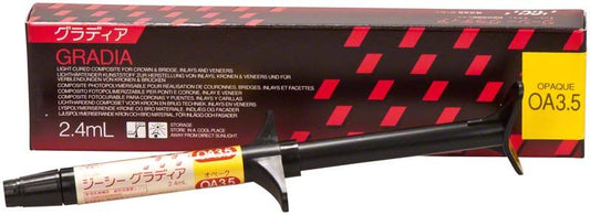 Gradia Opaque OA3,5 Kartusche vor Verpackung mit rotem Design.