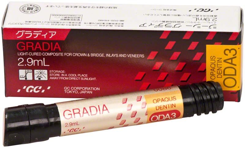Gradia Opaque Dentin ODA3, lichtgehärtete Kompositverpackung mit Produktdetails.