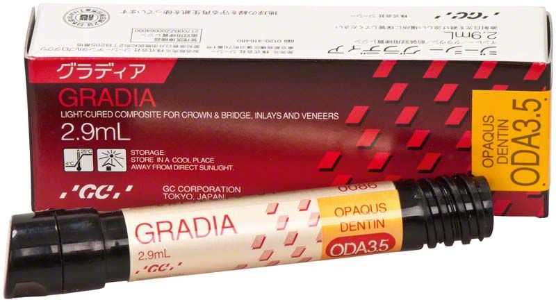 Gradia Opaque Dentin ODA3,5 Komposit-Restaurationstube vor Verpackung.