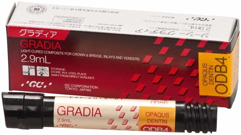 Gradia Opaque Dentin ODB4 Verpackung mit Tube auf weißem Hintergrund