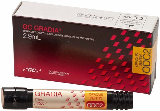 Gradia Opaque Dentin ODC2 Zahnmaterial in Kartonverpackung mit 2,9 ml Tube.