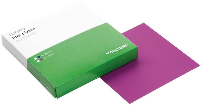 ROEKO Flexidam Non-Latex-Kofferdam in Violett neben Verpackung.