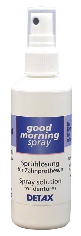 Sprühlösung Good Morning Spray von DETAX für Zahnprothesen, 100ml Flasche.