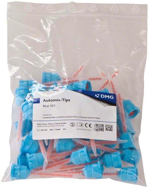 Blauer DMG Automix-Tips 10:1 Beutel mit 45 Mischkanülen.