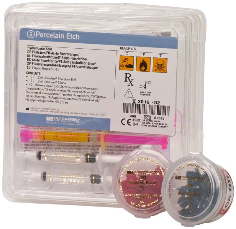 Ultradent Porcelain Etch & Silane Kit mit Flusssäure-Gel und Zubehör.