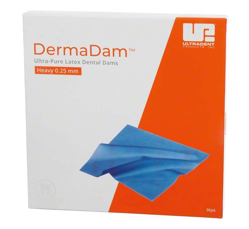 Verpackung von DermaDam Ultra-Pure Latexdentaldämmen, 0,25 mm, mit blauem Tuchabbildung.