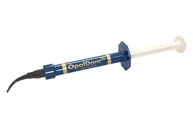 OpalDam Kit, lichthärtender Abdeckungs-Kunststoff in Spritzenform mit Applikationsspitze.