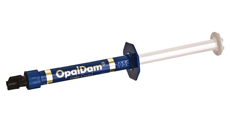 OpalDam™ Lichthärtende Abdeckungs-Kunststoffspritze mit blauem Etikett und Applikationsspitze.